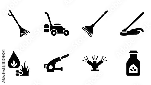 Garden tools icons set: silhouette design featuring rakes, lawn mower, sprinklers
