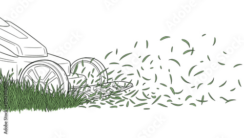 Lawn mower in action: minimalist line art of grass cutting scene