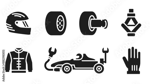 Racing equipment icons: helmet, tires, suspension, suit, tools, glove in bold style