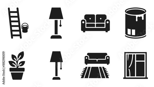 Silhouette home objects set: furniture, decor, ladder, paint