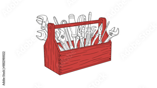 Toolbox with hand tools sketch in red line art style on white background