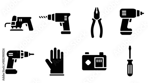 Silhouette icons of hand tools and power tools for construction projects