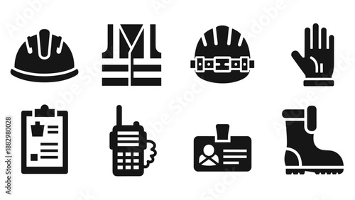 Essential safety equipment icons for construction and industrial work