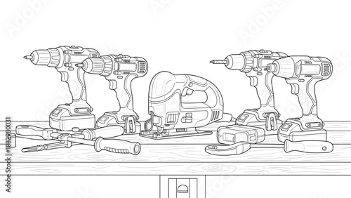 Black and white line art of power tools on workbench