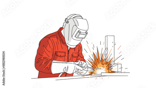 Welder at work with protective gear creating sparks in industrial scene