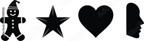 Black silhouette set with gingerbread man star heart and human face profile isolated on white background for holiday and decorative design,