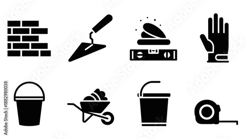 Construction tools and equipment icons set: simple black silhouettes for building projects