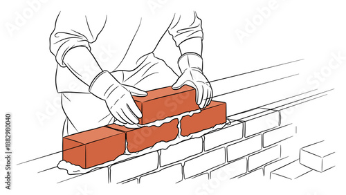 Construction worker laying bricks: line art craftsmanship in building
