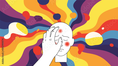 Abstract illustration of a person experiencing intense stress, headache, or mental overload, with a hand on their face against a vibrant, chaotic, psychedelic background.