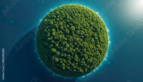 A glowing Earth floating in space, continents covered with lush forests and blue oceans, symbolizing sustainability, nature balance, environmental protection, and the future of a green planet