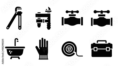 Plumbing tools and symbols set in bold silhouette style