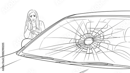 Woman distressed by cracked windshield in car accident sketch