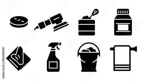 Essential cleaning tool icons for home maintenance in bold silhouette style