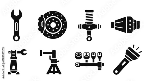 Car repair tools and equipment set in monochrome design for mechanics