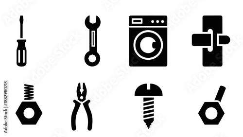 Set of black silhouette tools and appliances on white background