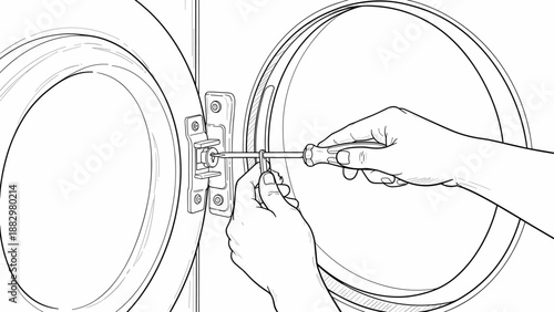 Hands using screwdriver to fix door hinge in linear style outline drawing