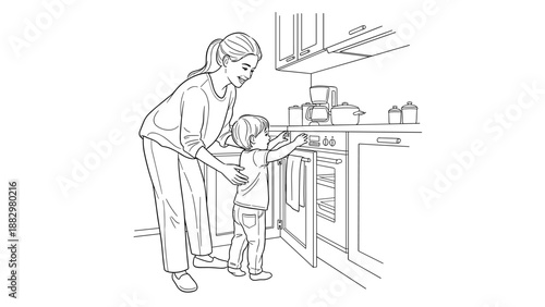 Mother and child cooking together in a kitchen outline drawing