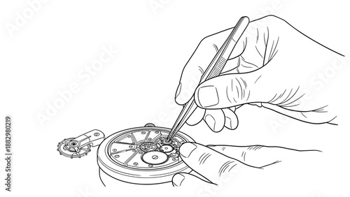Intricate line art of watch repair process featuring technicians skillfully adjusting timepiece components