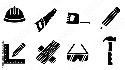 Construction tools silhouette set: hammer, hard hat, saw, measuring tape, pencil