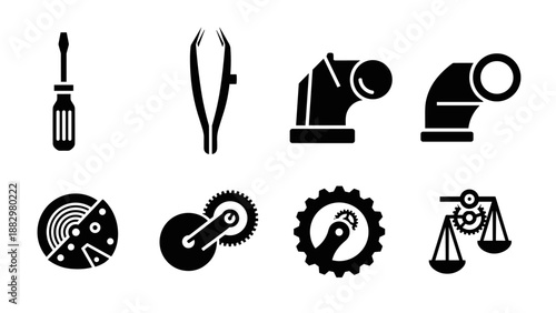 Silhouette icons of tools and engineering equipment in minimalist style