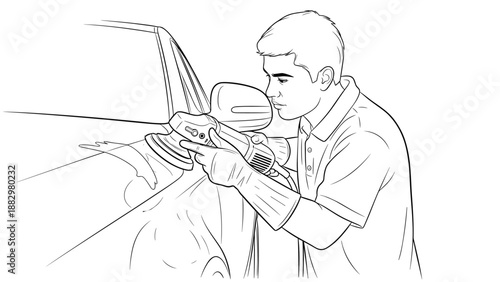 Man buffing car with polisher in outline style