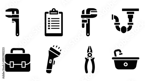Essential plumbing tools icons set in bold black silhouette style