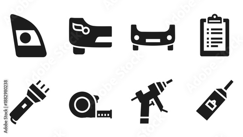 Flat vehicle parts and tools icons set featuring automotive elements
