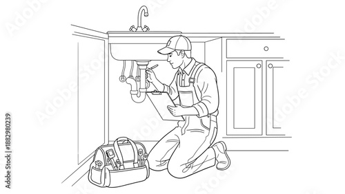 Linear drawing of plumber inspecting kitchen sink for repairs