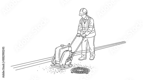 Construction worker operating pavement compactor in safety gear drawing