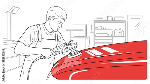 Man polishing car hood in workshop setting with red accents