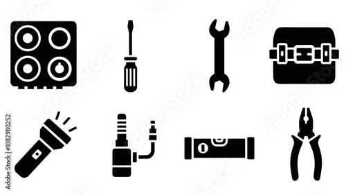 Silhouette toolbox icons: essential tools including screwdriver, wrench, and pliers for home and auto repair