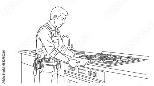 Handyman operating oven in modern kitchen setup with tool belt - linear style