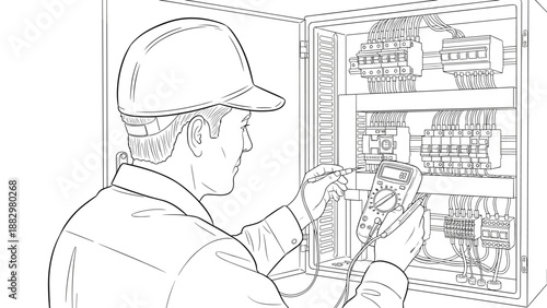 Electrician inspecting circuit breaker panel with digital multimeter in linear style