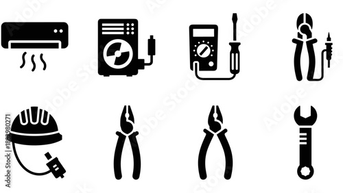 Silhouette icons of hvac and electrical tools for construction and repair