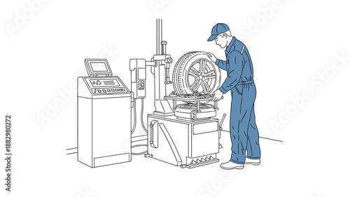 Mechanic operating tire balancing machine in workshop line art