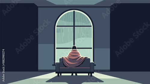 Solitary figure wrapped in a warm blanket, gazing out a grand arched window at the melancholic winter weather, evoking feelings of peace and reflection.