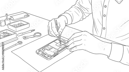 Technician repairing smartphone in linear style with tools on desk