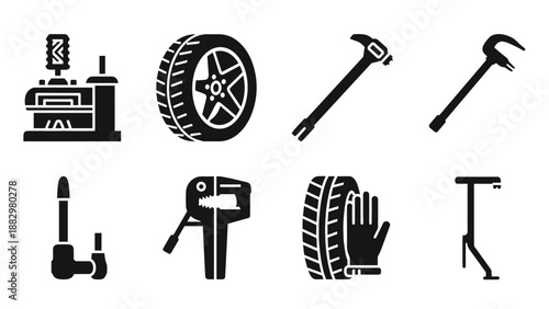 Silhouette icons of automotive equipment and tools for tire maintenance