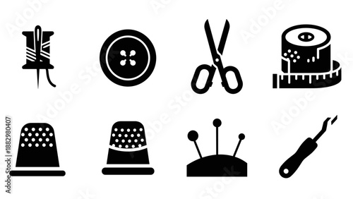 Sewing icons set: scissors, needle, button, tape measure, thimble, and pin cushion in silhouette style