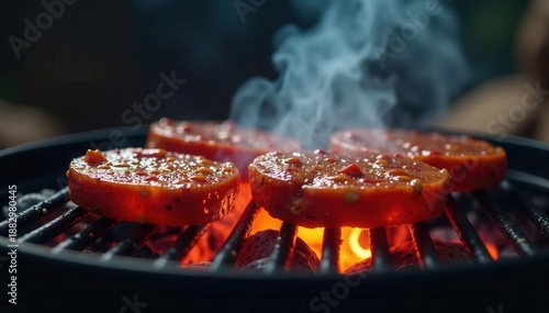Red-hot coals, smoky BBQ grill awaits ingredients , element, cooking, food