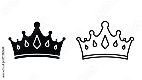 two simple black and white crown icons isolated on white background