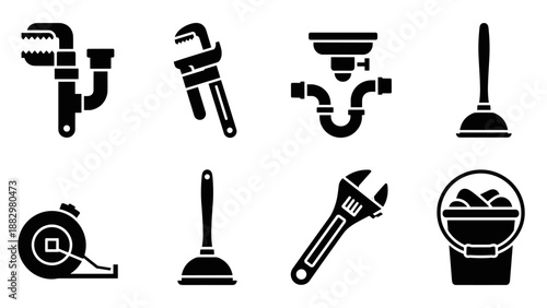Silhouette plumbing tools and equipment set in black and white icons