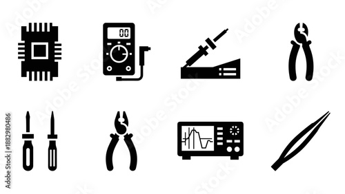 Silhouette icons of electronics and repair tools for engineering projects