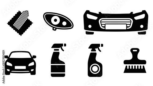 Essential car cleaning icons: spray bottles, brushes, and car parts silhouettes