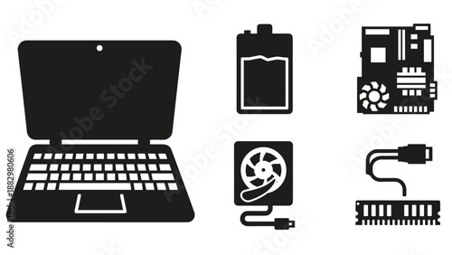 Black and white computer hardware icons featuring laptop and components