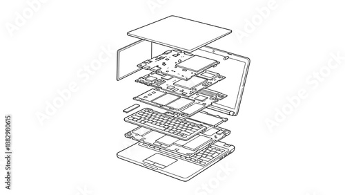 Exploded isometric view of laptop components detailing internal structure