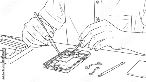 Smartphone repair: detailed line art depicting hands fixing a mobile device with tools