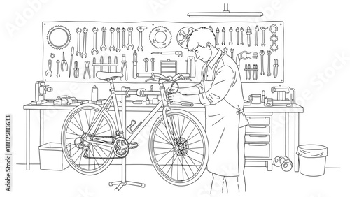 Monochrome line art of mechanic repairing bicycle in workshop setting