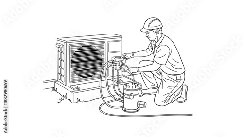 Technician servicing air conditioner: detailed line art of hvac maintenance