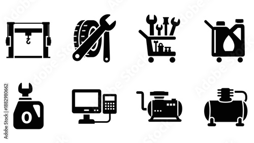 Comprehensive automotive repair tool icons in black silhouette style